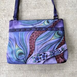 ANUSCHKA Handpainted Purple Leather Boho Shoulder Strap Art Purse
